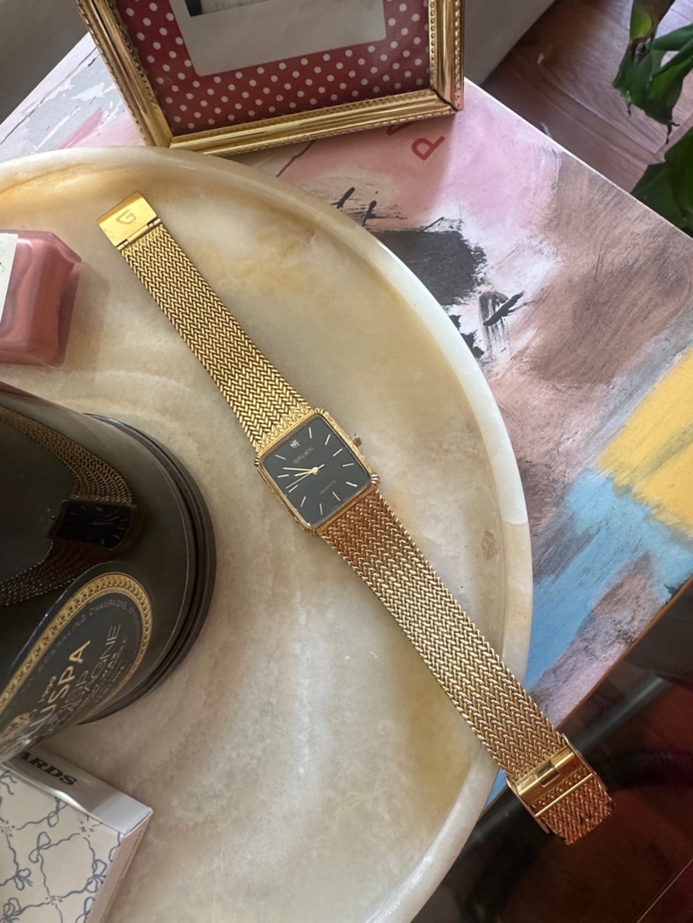 Gruen Gold-Tone Square Face Quartz Watch with Diamond Black Dial